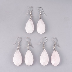 Розовый Кварц Естественно выросли болтаться серьги кварцевые, с латунной фурнитурой , слеза, граненые, платина, 45~49 мм, штифты : 0.7 мм, Кулон : 24~26x13x6~7 мм