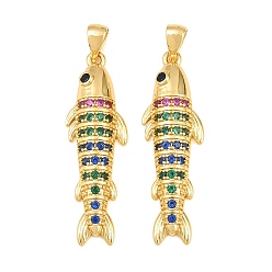 Colorido Micro latón allanan colgantes cúbicos del zirconia, encantos de pescado, sin plomo y cadmio, chapado en rack, larga duración plateado, real 18 k chapado en oro, colorido, 35x10.5x4 mm, agujero: 3x5 mm