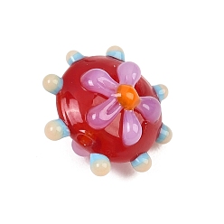 Красный Ручной работы ухабистым Шарики Lampwork, RONDELLE с цветочным узором, красные, 15.5x17.5x13 мм, отверстие : 1.6 мм