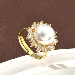 Золотой Регулируемые кольца для женщин с микропаве из латуни и кубическими цирконами, цветок, с ABS имитации жемчуга, ионное покрытие (ip), долговечный, без свинца и без кадмия, золотые, 19 мм, внутренний диаметр: 19 мм