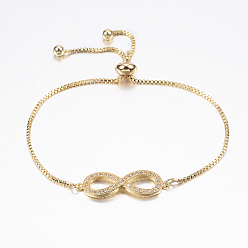 Золотой Регулируемые латунные браслеты Боло, слайдерные браслеты, с фианитом и цепочками, бесконечность, золотые, 10-5/8 дюйм (270 мм)