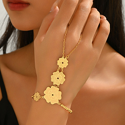 Real 18K Gold Plated Vintage Brass Carved Hollow 5-Petal Flower Hand Chain Ring Bracelets for Women, Real 18K Gold Plated, 7.87 inch(20cm)