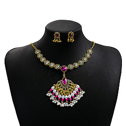 Золотой Комплекты серег и ожерелий из сплава веерных страз и пластикового жемчуга в стиле бохо, золотые, 428 мм