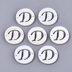 Letter D Natural Freshwater Shell Links Connectors, Flat Round with Letter, Letter.D, 14.5x1.5mm, Hole: 0.9mm