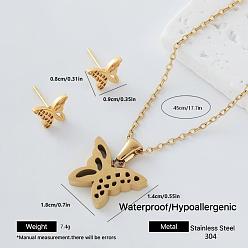 Butterfly 304 Stainless Steel Pendant Necklace & Stud Earrings Set for Women, Golden, Butterfly, 450mm, Earring: 8x9mm