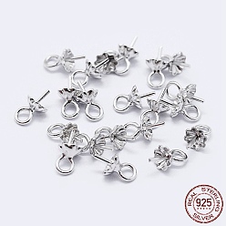 Silver 925 Sterling Silver Cup Pearl Bail Pin Pendants, For Half Drilled Beads, Flower, Silver, 7x4mm, Hole: 1.5mm, Pin: 0.7mm