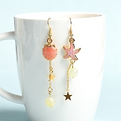 Citrine Natural Citrine Dangle Earrings, Alloy Enamel Starfish & Shell Asymmetrical Earrings for Women, 75x8mm