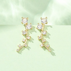 Clair Boucles d'oreilles à clous en laiton pavé de zirconiums cubiques, ronde, réel 18 k plaqué or, sans cadmium et sans plomb, plaqué longue durée, crémaillère plaquage, clair, 23x7.5x8mm
