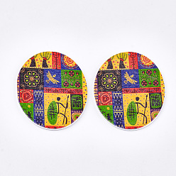 Colorful Printed Wooden Big Pendants, Dyed, Oval, Colorful, 63x50x2.5mm, Hole: 1.2mm