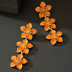 Темно-Оранжевый Серьги-гвоздики из цветочного сплава и страз, с эмалью, золотые, темно-оранжевый, 73x25 мм