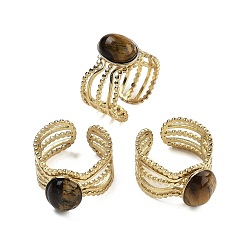 Тигровый глаз Овальные кольца на палец из натурального тигрового глаза, ионное покрытие (ip) 304 манжеты из нержавеющей стали для женщин, регулируемый, 6 шт / комплект