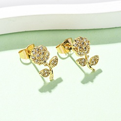 Настоящее золото 16K Серьги-гвоздики в форме цветка с микропаве из прозрачных кубических цирконий из латуни, реальный 16 k позолоченный, 13x8.5 мм