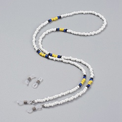Yellow Glass Seed Bead Eyeglasses Chains, Neck Strap for Eyeglasses, with Brass Crimp Beads and Rubber Eyeglass Holders, Yellow, 29.9 inch(76cm)