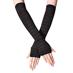 Black Acrylic Fiber Yarn Knitting Fingerless Gloves, Stripe Pattern Winter Warm Gloves with Thumb Hole, Black, 310x80mm