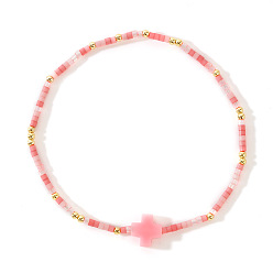 Pink Браслеты из стеклянных бусин в стиле бохо, крестик из натуральных ракушек для женщин, розовые, внутренний диаметр: 6-1/2 дюйм (16.5 см)