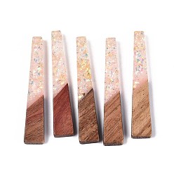 Розовый Подвески из непрозрачной смолы и орехового дерева, трапециевидные подвески, с блестящей пудрой и золотой фольгой, туманная роза, 44.5x8x3~3.5 мм, отверстие : 2 мм