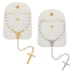 Платиновый & Золотой 2 шт. 2 стили ожерелья из сплава с крестом Иисуса Христа Девы Марии, круглые белые пластиковые четки из искусственного жемчуга, с 2шт. бархатных мешочков для упаковки ювелирных изделий, платиной и золотом, ожерелье: 27.17 дюйм(69см) и 29.13 дюйм(74см), 1 шт / стиль