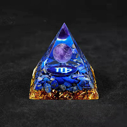 Дева Смола оргонитовая пирамида украшения для дома, с натуральными аметистами/природными драгоценными камнями, созвездие, Дева, 50x50x50 мм