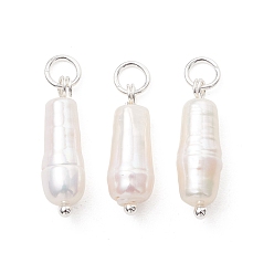 Серебро Подвески из натурального барочного жемчуга кеши, Подвески в виде колонн с 304 соединительными кольцами из нержавеющей стали, цветочный белый, серебряные, 18~20x5~6.5 мм, отверстие : 3 мм