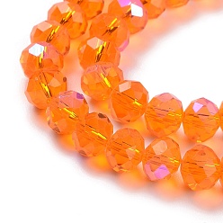 Orange Electroplate Glass Beads Strands, Half Rainbow Plated, Faceted, Rondelle, Orange, 4x3mm, Hole: 0.4mm, about 123~127pcs/strand, 16.5~16.9 inch(42~43cm)