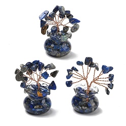 Lapis Lazuli Natural Lapis Lazuli Chips Tree of Life Decorations, with Glass Pot Base & Copper Wire, Feng Shui Energy Stone Gift for Home Desktop Decoration, 26x52~56mm