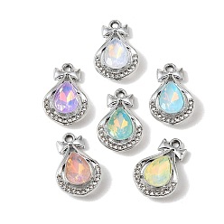 Platinum UV Plating Alloy Glass Pendants, Teardrop with Bow Charm, with Rhinestone, Faceted, Mixed Color, Platinum, 21.5x14x4.5mm, Hole: 1.8mm