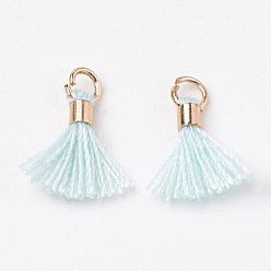 Светло-голубой Кулон с кисточкой из поликоттона (полиэстер), мини-кисточка, с латунными застежками и железными кольцами, золотой свет, светло-голубой, 10~15x3~4 мм, отверстие : 2 мм