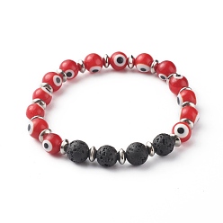 Красный Стрейч-браслеты ручной работы с дурным глазом лэмпворк из бусин, с натуральной лавой и 304 бусинами из нержавеющей стали, красные, внутренний диаметр: 2-5/8 дюйм (6.6 см)