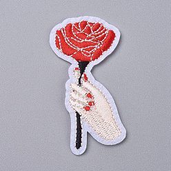Red Rose Computerized Embroidery Cloth Iron on/Sew on Patches, Costume Accessories, Appliques, for Backpacks, Clothes, Red, 73x37x1.5mm