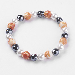 Ocean White Jade Synthetic Hematite Beads Stretch Bracelets, with Ocean White Jade and Shell Beads, 2-1/4 inch(57mm)