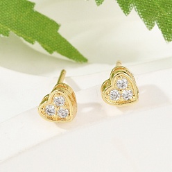Настоящее золото 18K Серьги-гвоздики в форме сердца из прозрачного кубического циркония, долговечные украшения из латуни с покрытием для женщин, без кадмия и без свинца, реальный 18 k позолоченный, 4x4.5 мм, штифты : 1 мм