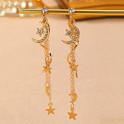 Луна Серьги-гвоздики с кисточками из сплава и страз, золотые, луна, 93x12 мм