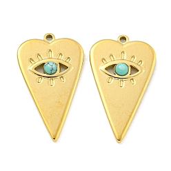 Бирюза Подвески в виде сердечек из натуральной бирюзы, вакуумное покрытие pvd 304 подвески из нержавеющей стали, реальный 18 k позолоченный, 27x16x3.5 мм, отверстие : 1.5 мм
