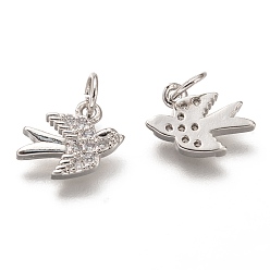 Platinum Brass Micro Pave Clear Cubic Zirconia Charms, Long-Lasting Plated, with Jump Ring, Bird, Platinum, 9x12x2mm, Hole: 3mm