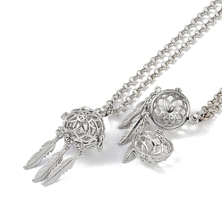 Platinum Brass Pendant Necklaces, Iron Rolo Chains, Woven Net/Web with Feather, Platinum, 32.05 inch(814mm)