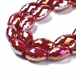 Dark Red Electroplate Glass Beads Strands, AB Color Plated, Faceted, Oval, Dark Red, 11x8mm, Hole: 1.2mm, about 60pcs/strand, 26.38 inch(67cm)