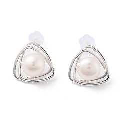 Silver Natural Pearl Triangle Stud Earrings, Brass Earrings with 925 Sterling Silver Pins, Silver, 12x12.5mm