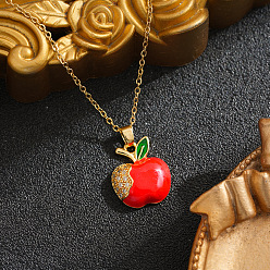 FireBrick Christmas Brass Micro Pave Clear Cubic Zirconia Enamel Apple Pendant 201 Stainless Steel Cable Chain Necklaces for Unisex, Ion Plating(IP), Real 18K Gold Plated, FireBrick, 15.75 inch(40cm)