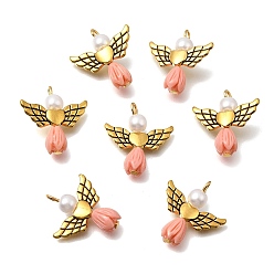 Белый Подвески из искусственного жемчуга, Подвески в форме розового ангела с антикварными позолоченными крыльями в форме сердца из сплава, белые, 23.5~24x22x6.5 мм, отверстие : 1.8~2.2 мм