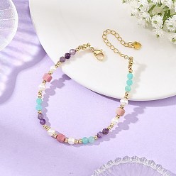 Rhodonite Natural Mixed Gemstone Faceted Round and Cube Beaded Bracelets with Natural Pearl & Brass End Chains, Golden, 7.32 inch(18.6cm)