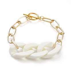 White Chain Bracelets, with Spray Painted Acrylic Quick Link Connectors, Aluminium Paperclip Chains and Alloy Toggle Clasps, White, 7-7/8 inch(20cm)