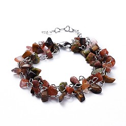 Tiger Eye Chip Natural Mixed Stone Multi-strand Bracelets, with 304 Stainless Steel Findings, 7-1/8 inch(18cm)