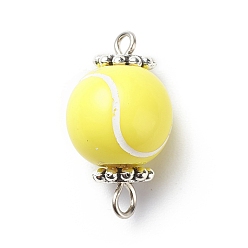 Tennis Acrylic Basketball Connector Charms, with Antique Silver Tone Space Beads, Round Ball, Yellow, Tennis Pattern, 20x11.5~12mm, Hole: 1.6mm & 2.5mm