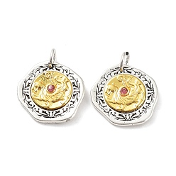 Античный Серебристый & Золотой Латунные подвески, с целью перехода в кольце, без кадмия, без никеля и без свинца, плоский круглый с подвесками в виде дракона, старинное серебро & золотой, 19x2.5 мм, отверстие : 4 мм