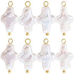 Золотой 10шт. подвески из натурального жемчуга Кеши, с латунными штифтами, крест прелести, цветочный белый, золотые, 19x8~8.5x3.5 мм, отверстие : 2~2.3 мм