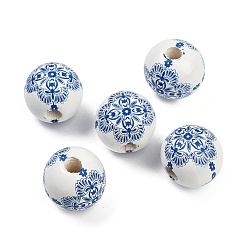 Синий Спрей окрашены деревянные европейские бусины, бусины с большим отверстием, круглая с имитацией сине-белого фарфорового узора, синие, 16 мм, отверстие : 4~4.5 мм