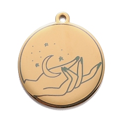 Golden 304 Stainless Steel Pendants, Flat Round with Moon & Hand, Golden, 28x25x1.4mm, Hole: 2mm