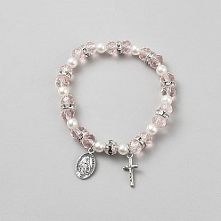 Pink Браслеты из сплава с овальным крестом и подвеской в виде Иисуса., эластичные браслеты из стеклянных, пластиковых и стразовых бусин для женщин, розовые, внутренний диаметр: 2-1/4 дюйм (5.75 см)