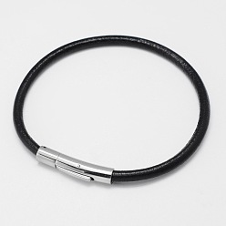 Black Leather Cord Bracelet Making, with 304 Stainless Steel Bayonet Clasps, Black, 212x4mm