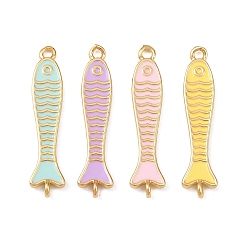 (52) Непрозрачная лаванда Подвески-рыбки из латуни с эмалью, без свинца и без кадмия, долговечный, стойки покрытие, реальный 18 k позолоченный, разноцветные, 29x7x3 мм, отверстие : 1.4~1.5 мм